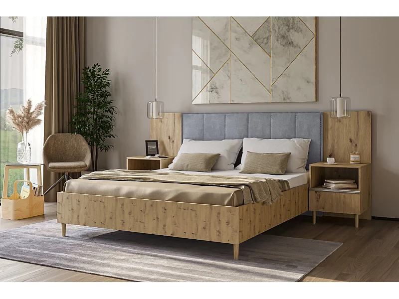 Doppelbett Luk II 160 x 200 cm ohne Matratze Bett mit Lattenrost Jugendbett Kopfteil mit Bettkasten ohne Nachttisch (Eiche artisan, Jasmine 90 - grau)