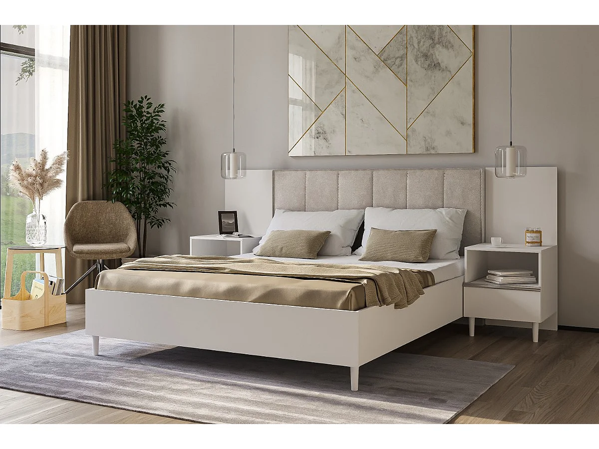 Doppelbett Luk II 160 x 200 cm ohne Matratze Bett mit Lattenrost Jugendbett Kopfteil mit Bettkasten ohne Nachttisch (weiß, Jasmine 21 - beige)