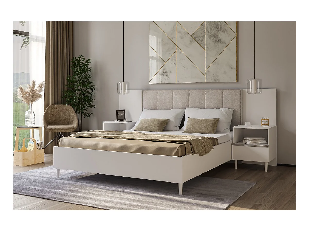 Doppelbett Luk II 160 x 200 cm ohne Matratze Bett mit Lattenrost Jugendbett Kopfteil mit Bettkasten ohne Nachttisch (weiß, Jasmine 21 - beige)