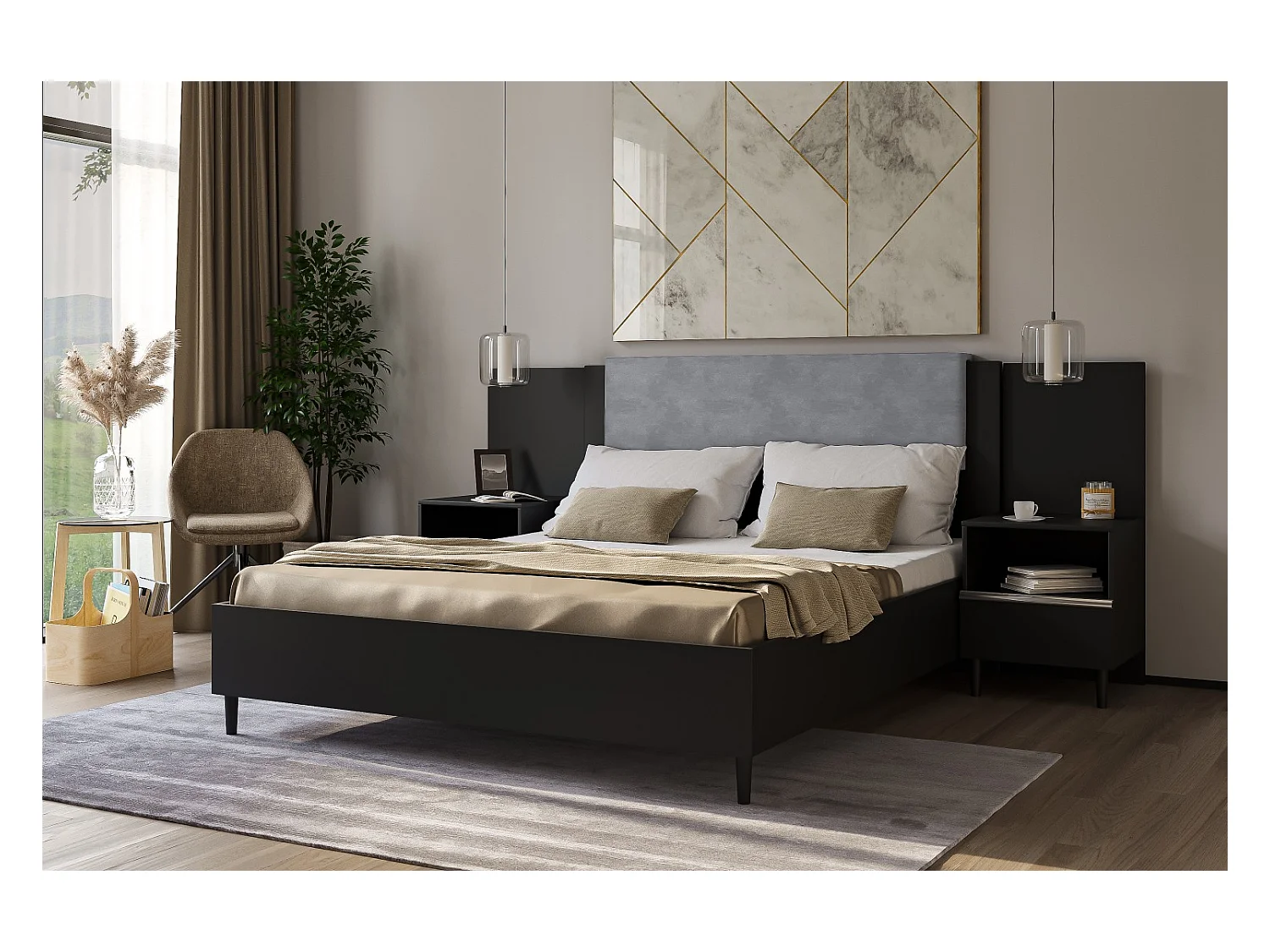 Doppelbett Luk III 160 x 200 cm ohne Matratze Bett mit Lattenrost Jugendbett Kopfteil Bettkasten ohne Nachttisch (schwarz, Jasmine 90 - grau)