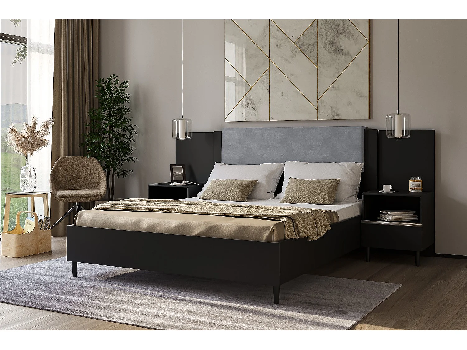 Doppelbett Luk III 160 x 200 cm ohne Matratze Bett mit Lattenrost Jugendbett Kopfteil Bettkasten ohne Nachttisch (schwarz, Jasmine 90 - grau)