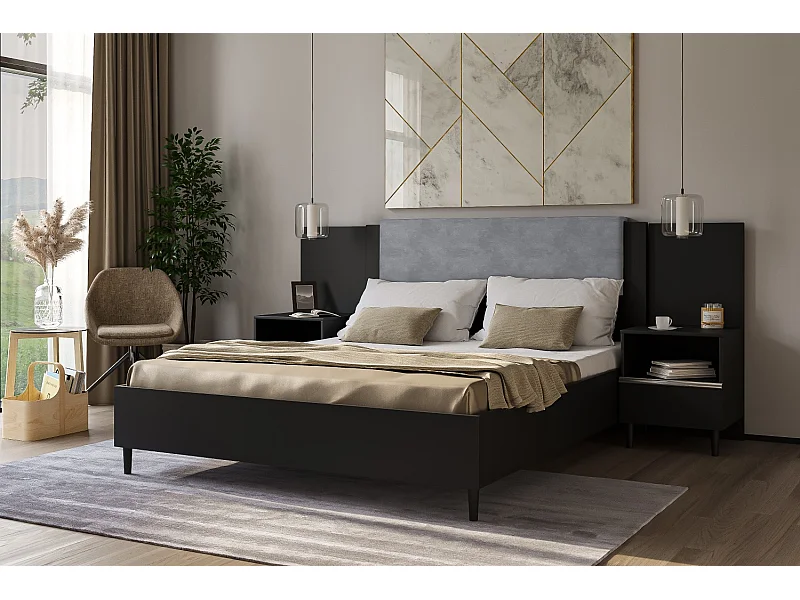 Doppelbett Luk III 160 x 200 cm ohne Matratze Bett mit Lattenrost Jugendbett Kopfteil Bettkasten ohne Nachttisch (schwarz, Jasmine 90 - grau)