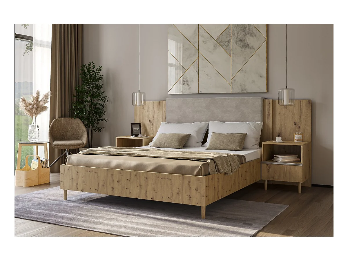 Doppelbett Luk III 160 x 200 cm ohne Matratze Bett mit Lattenrost Jugendbett Kopfteil Bettkasten ohne Nachttisch (Eiche artisan, Jasmine 21 - beige)
