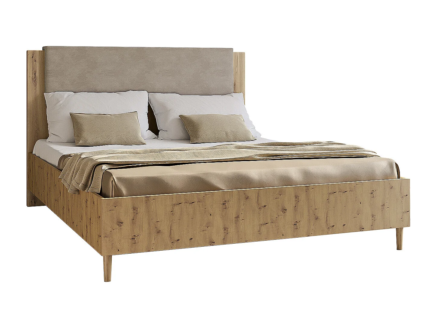 Doppelbett Luk III 160 x 200 cm ohne Matratze Bett mit Lattenrost Jugendbett Kopfteil Bettkasten ohne Nachttisch (Eiche artisan, Jasmine 21 - beige)