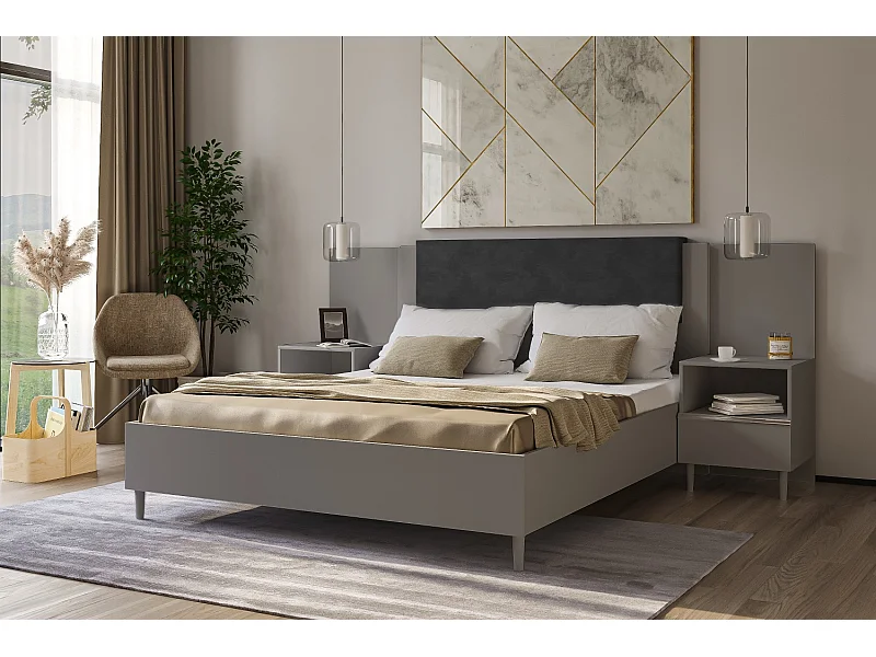 Doppelbett Luk III 160 x 200 cm ohne Matratze Bett mit Lattenrost Jugendbett Kopfteil Bettkasten ohne Nachttisch (grau, Jasmine 100 - schwarz)