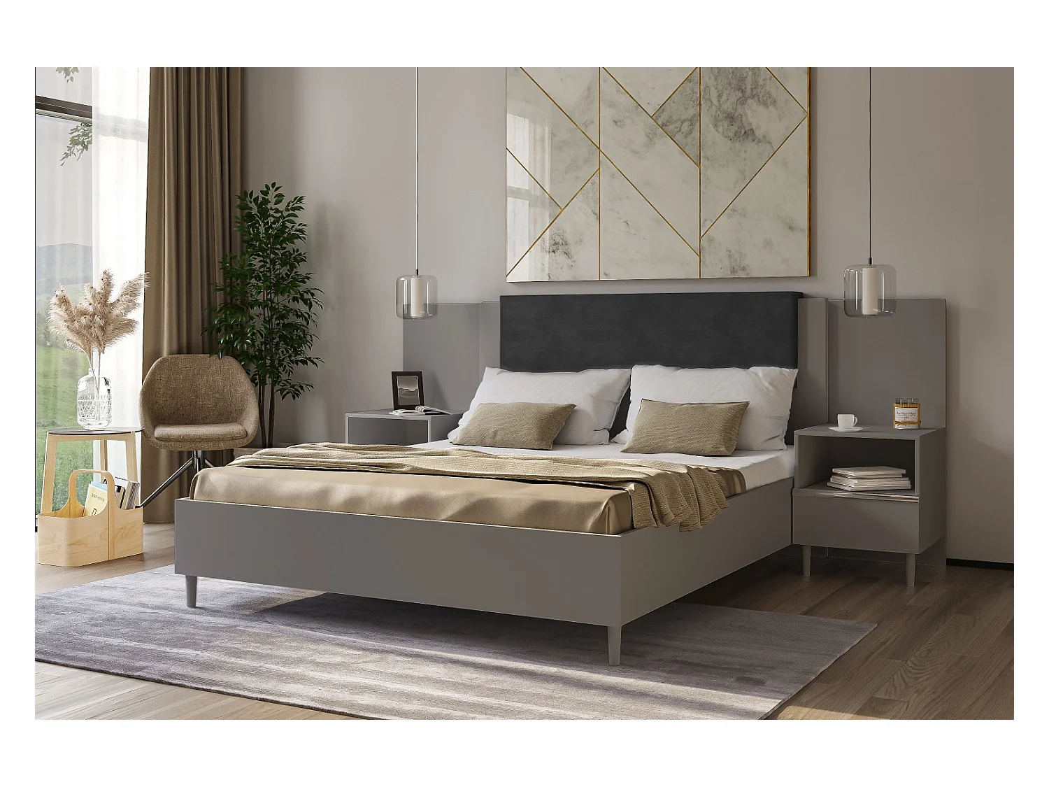 Doppelbett Luk III 160 x 200 cm ohne Matratze Bett mit Lattenrost Jugendbett Kopfteil Bettkasten ohne Nachttisch (grau, Jasmine 100 - schwarz)