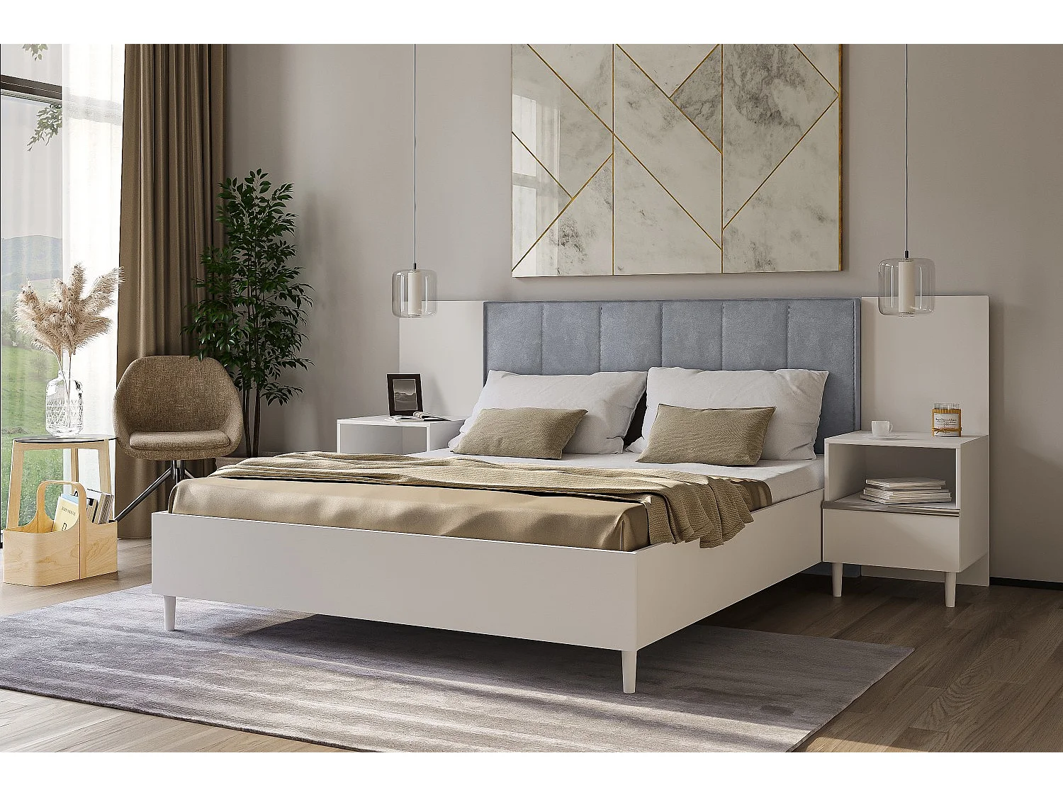 Doppelbett Luk II 160 x 200 cm ohne Matratze Bett mit Lattenrost Jugendbett Kopfteil mit Bettkasten ohne Nachttisch  (weiß, Jasmine 90 - grau)