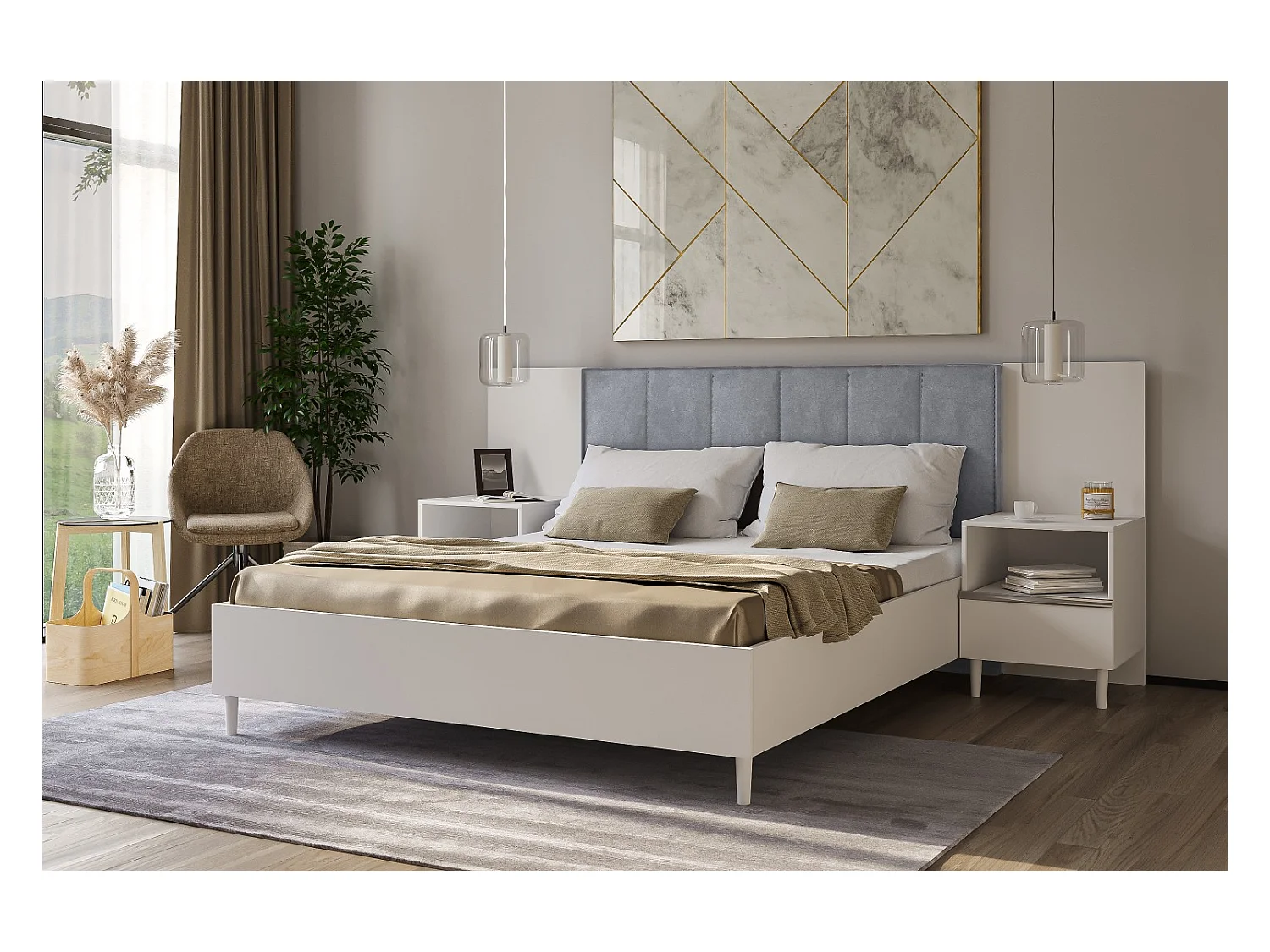 Doppelbett Luk II 160 x 200 cm ohne Matratze Bett mit Lattenrost Jugendbett Kopfteil mit Bettkasten ohne Nachttisch  (weiß, Jasmine 90 - grau)