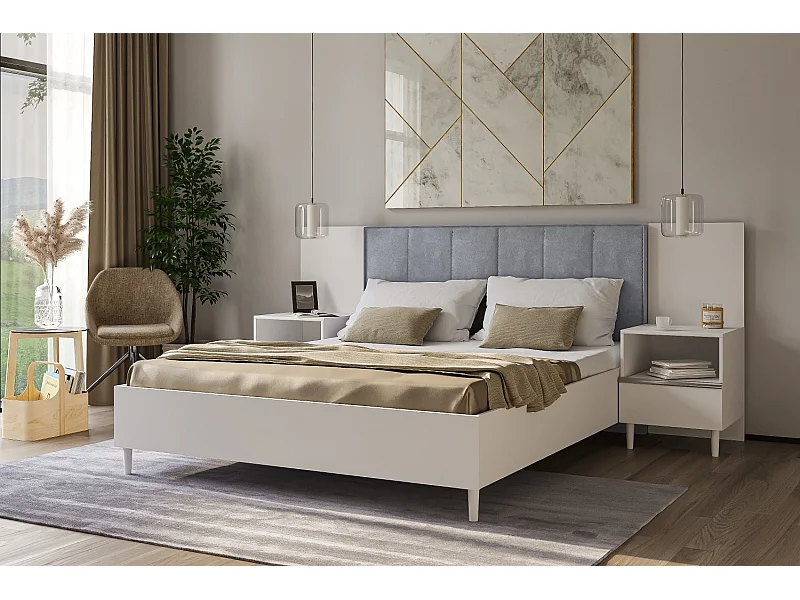 Doppelbett Luk II 160 x 200 cm ohne Matratze Bett mit Lattenrost Jugendbett Kopfteil mit Bettkasten ohne Nachttisch  (weiß, Jasmine 90 - grau)