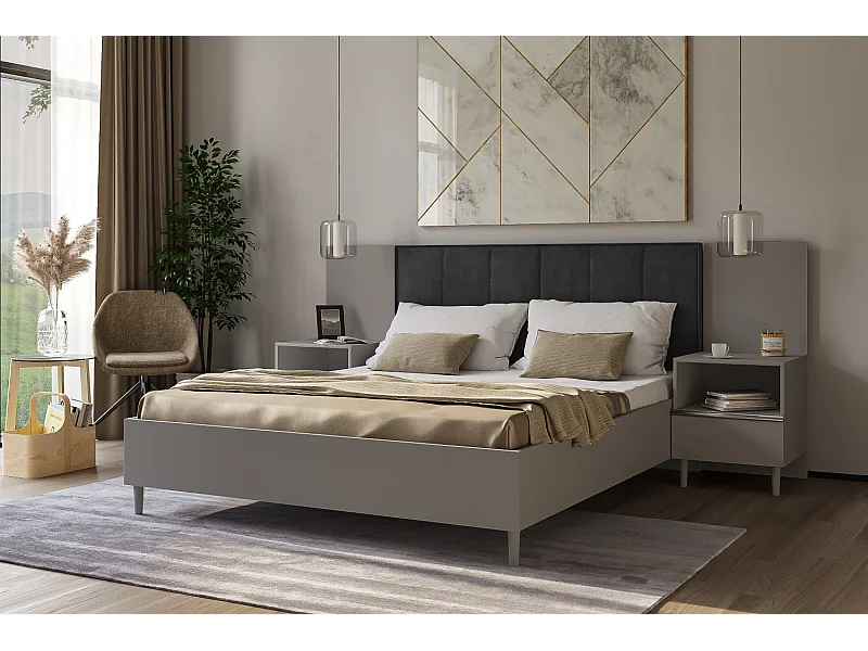 Doppelbett Luk II 160 x 200 cm ohne Matratze Bett mit Lattenrost Jugendbett Kopfteil mit Bettkasten ohne Nachttisch (grau, Jasmine 100 - schwarz)