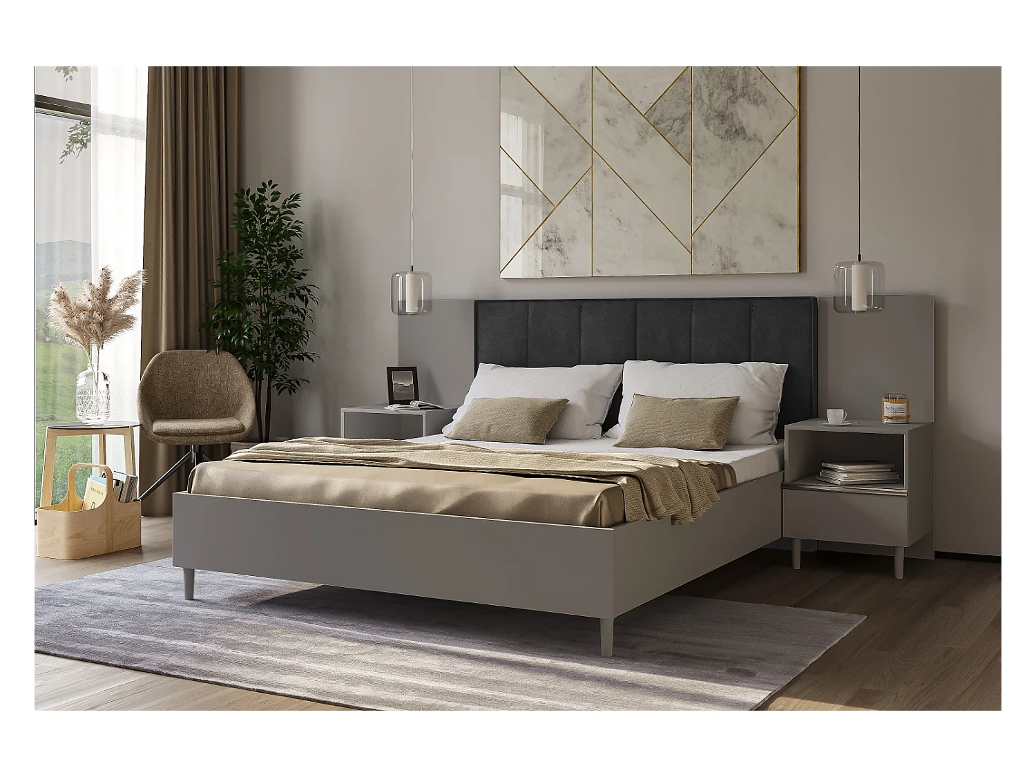 Doppelbett Luk II 160 x 200 cm ohne Matratze Bett mit Lattenrost Jugendbett Kopfteil mit Bettkasten ohne Nachttisch (grau, Jasmine 100 - schwarz)