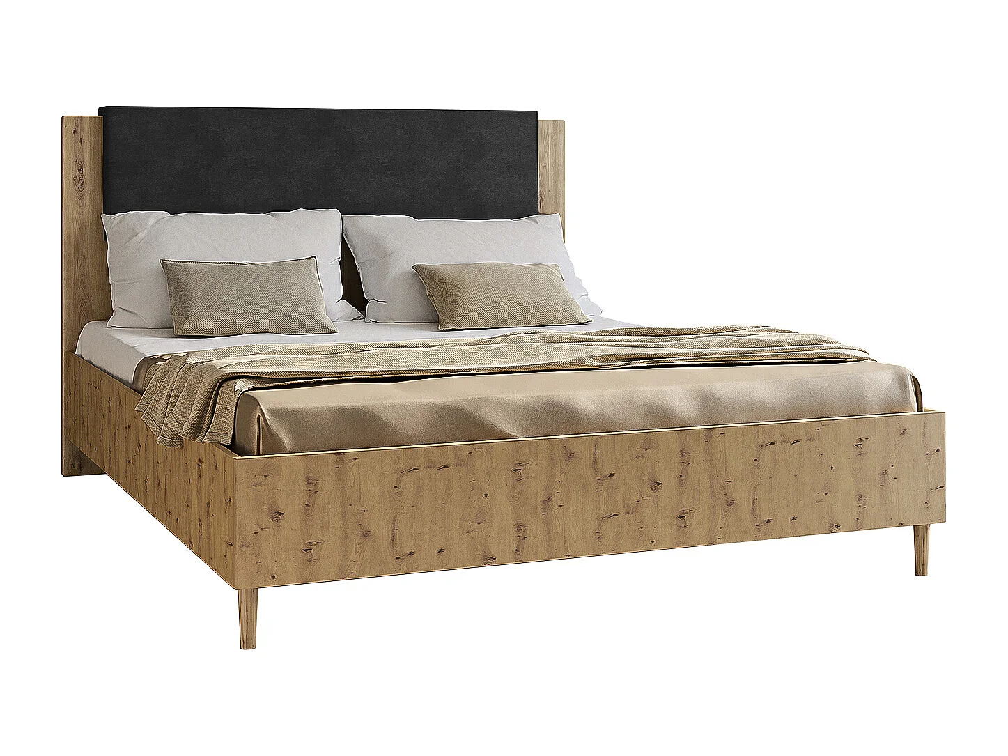 Doppelbett Luk III 160 x 200 cm ohne Matratze Bett mit Lattenrost Jugendbett Kopfteil Bettkasten ohne Nachttisch (Eiche artisan, Jasmine 100 - schwarz
