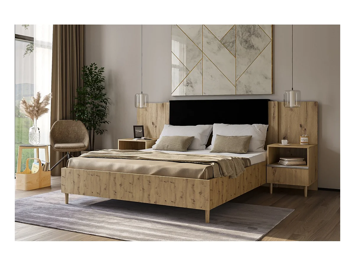 Doppelbett Luk III 160 x 200 cm ohne Matratze Bett mit Lattenrost Jugendbett Kopfteil Bettkasten ohne Nachttisch (Eiche artisan, Jasmine 100 - schwarz