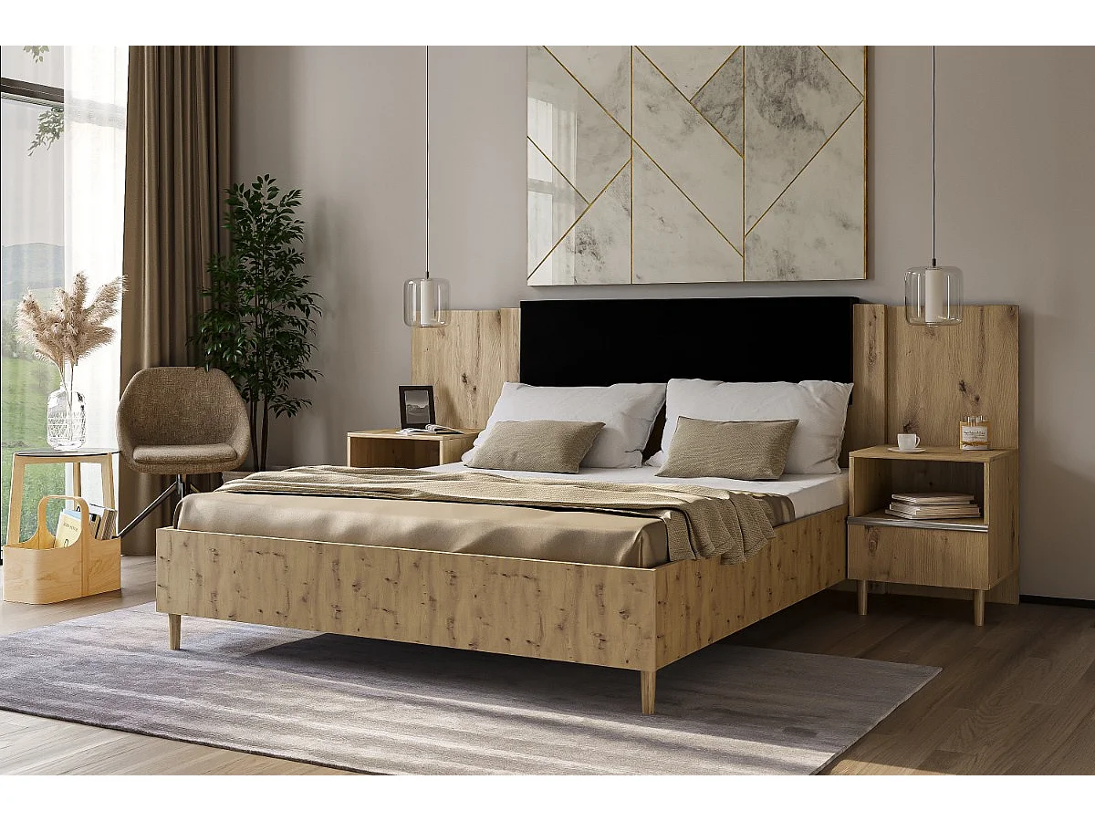 Doppelbett Luk III 160 x 200 cm ohne Matratze Bett mit Lattenrost Jugendbett Kopfteil Bettkasten ohne Nachttisch (Eiche artisan, Jasmine 100 - schwarz