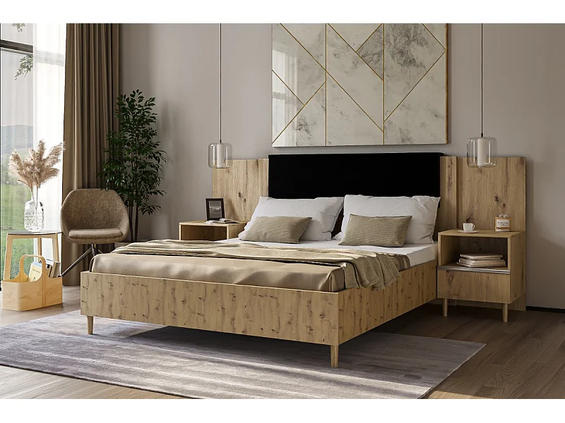 Doppelbett Luk III 160 x 200 cm ohne Matratze Bett mit Lattenrost Jugendbett Kopfteil Bettkasten ohne Nachttisch (Eiche artisan, Jasmine 100 - schwarz