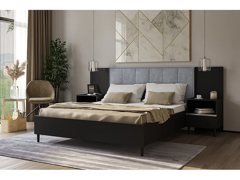 Doppelbett Luk II 160 x 200 cm ohne Matratze Bett mit Lattenrost Jugendbett Kopfteil mit Bettkasten ohne Nachttisch  (schwarz, Jasmine 90 - grau)