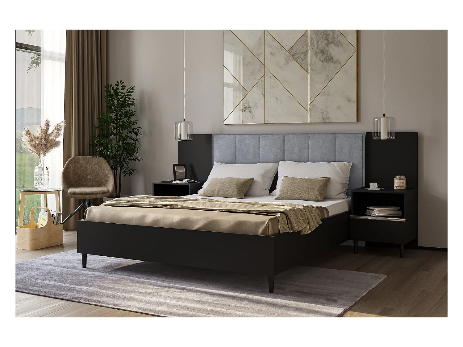Doppelbett Luk II 160 x 200 cm ohne Matratze Bett mit Lattenrost Jugendbett Kopfteil mit Bettkasten ohne Nachttisch  (schwarz, Jasmine 90 - grau)