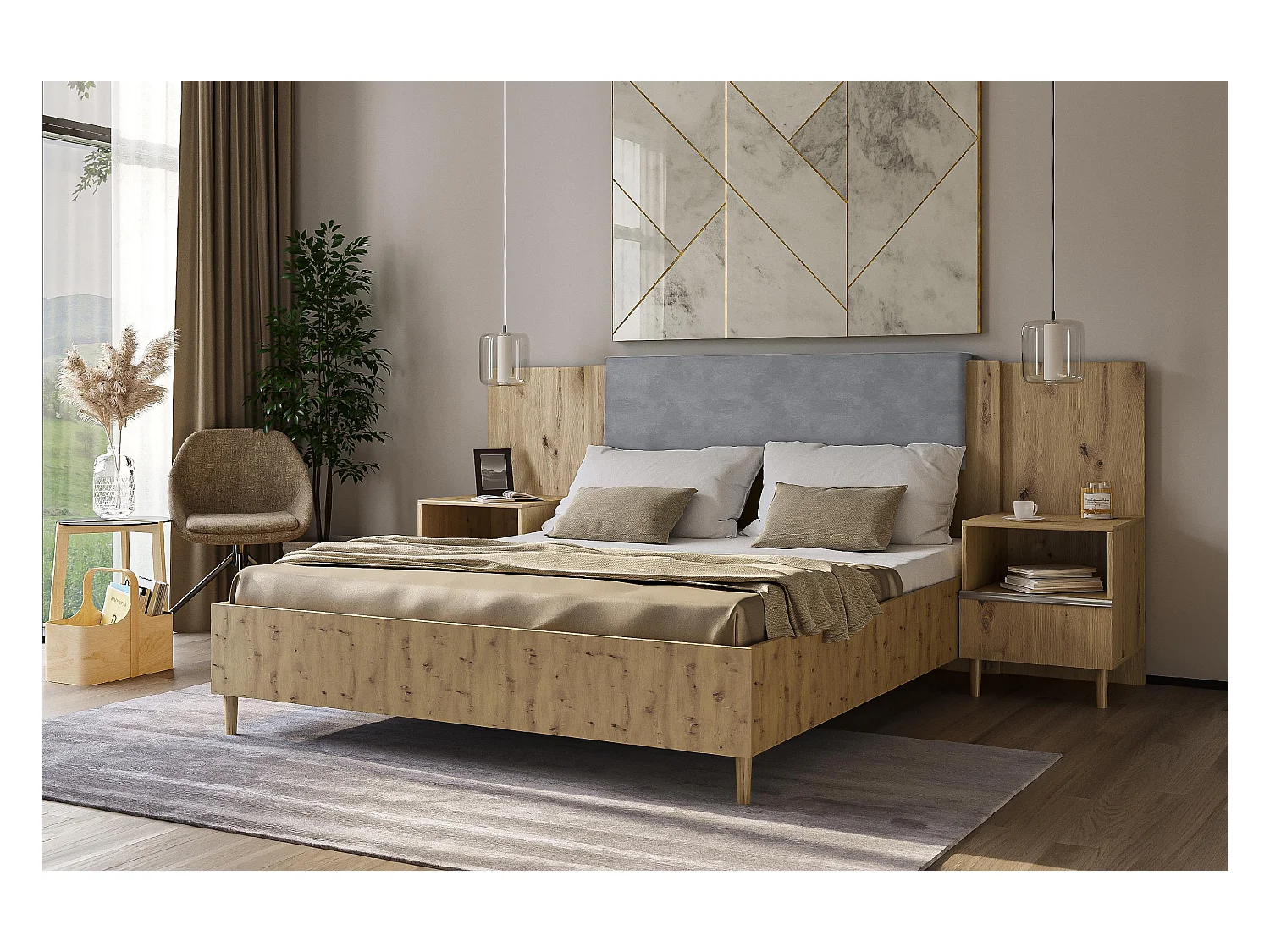 Doppelbett Luk III 160 x 200 cm ohne Matratze Bett mit Lattenrost Jugendbett Kopfteil Bettkasten ohne Nachttisch (Eiche artisan, Jasmine 90 - grau)