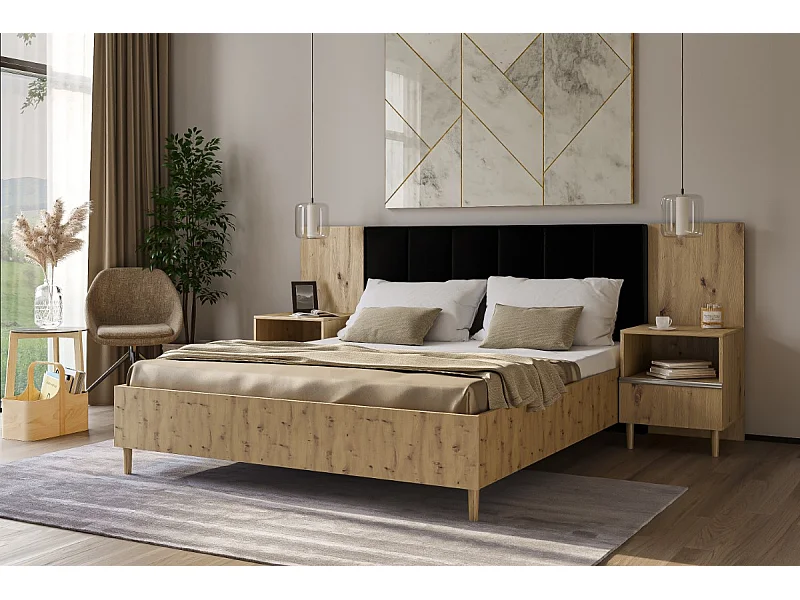 Doppelbett Luk II 160 x 200 cm ohne Matratze Bett mit Lattenrost  Kopfteil mit Bettkasten ohne Nachttisch (Eiche artisan, Jasmine 100 - schwarz)