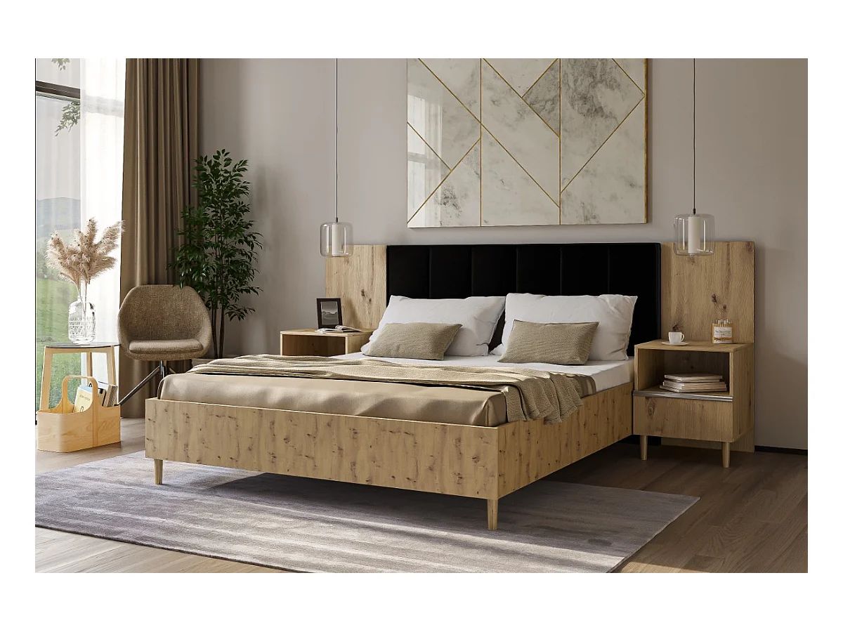 Doppelbett Luk II 160 x 200 cm ohne Matratze Bett mit Lattenrost  Kopfteil mit Bettkasten ohne Nachttisch (Eiche artisan, Jasmine 100 - schwarz)