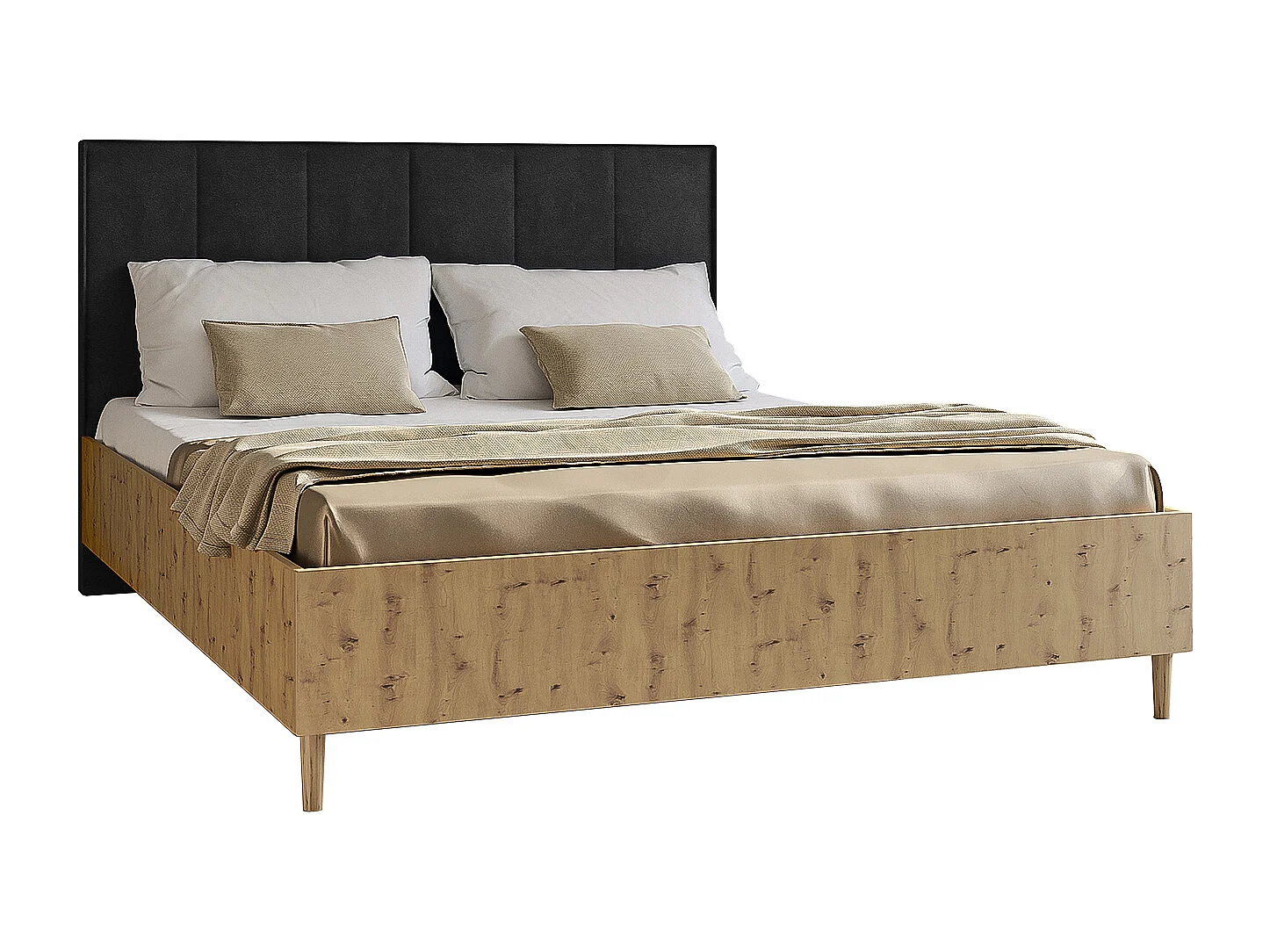Doppelbett Luk II 160 x 200 cm ohne Matratze Bett mit Lattenrost  Kopfteil mit Bettkasten ohne Nachttisch (Eiche artisan, Jasmine 100 - schwarz)