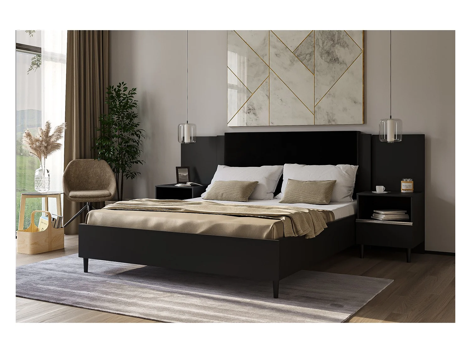 Doppelbett Luk III 160 x 200 cm ohne Matratze Bett mit Lattenrost Jugendbett Kopfteil Bettkasten ohne Nachttisch (schwarz, Jasmine 100 - schwarz)