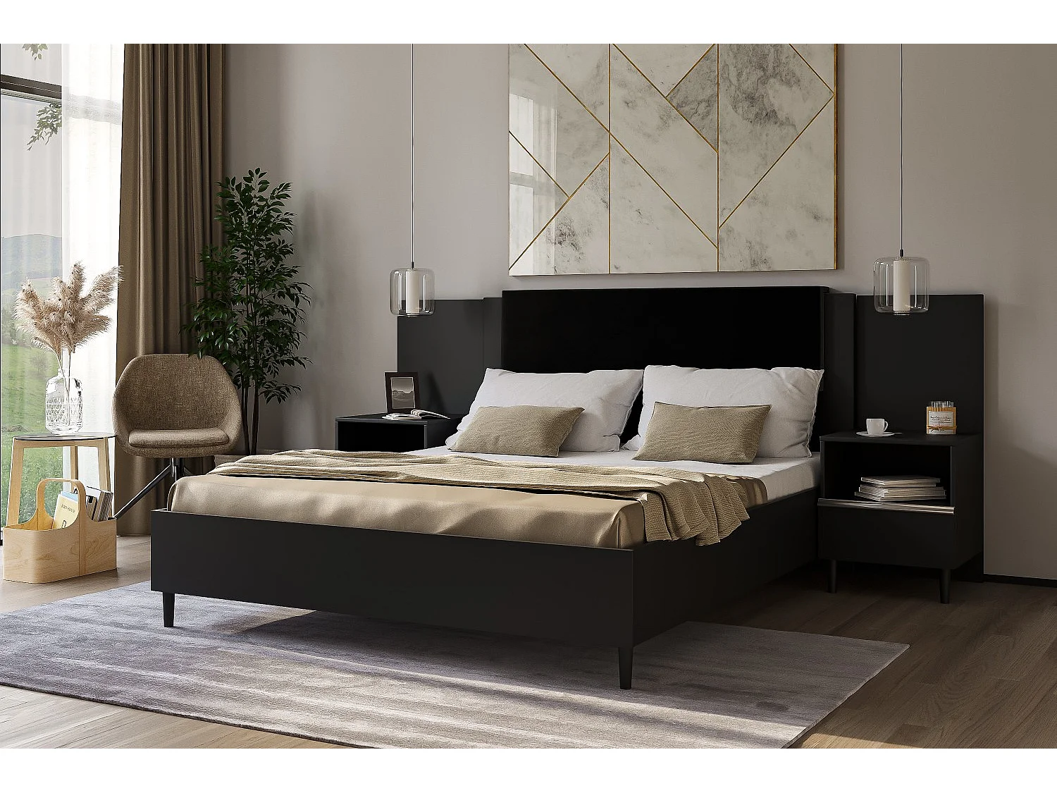 Doppelbett Luk III 160 x 200 cm ohne Matratze Bett mit Lattenrost Jugendbett Kopfteil Bettkasten ohne Nachttisch (schwarz, Jasmine 100 - schwarz)