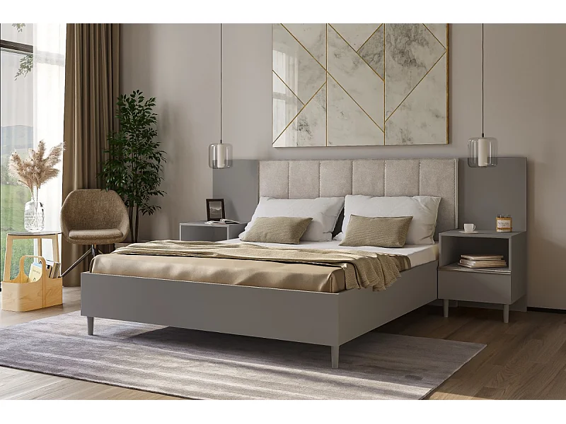 Doppelbett Luk II 160 x 200 cm ohne Matratze Bett mit Lattenrost Jugendbett Kopfteil mit Bettkasten ohne Nachttisch (grau, Jasmine 21 - beige)