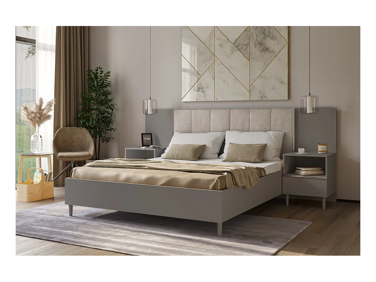 Doppelbett Luk II 160 x 200 cm ohne Matratze Bett mit Lattenrost Jugendbett Kopfteil mit Bettkasten ohne Nachttisch (grau, Jasmine 21 - beige)