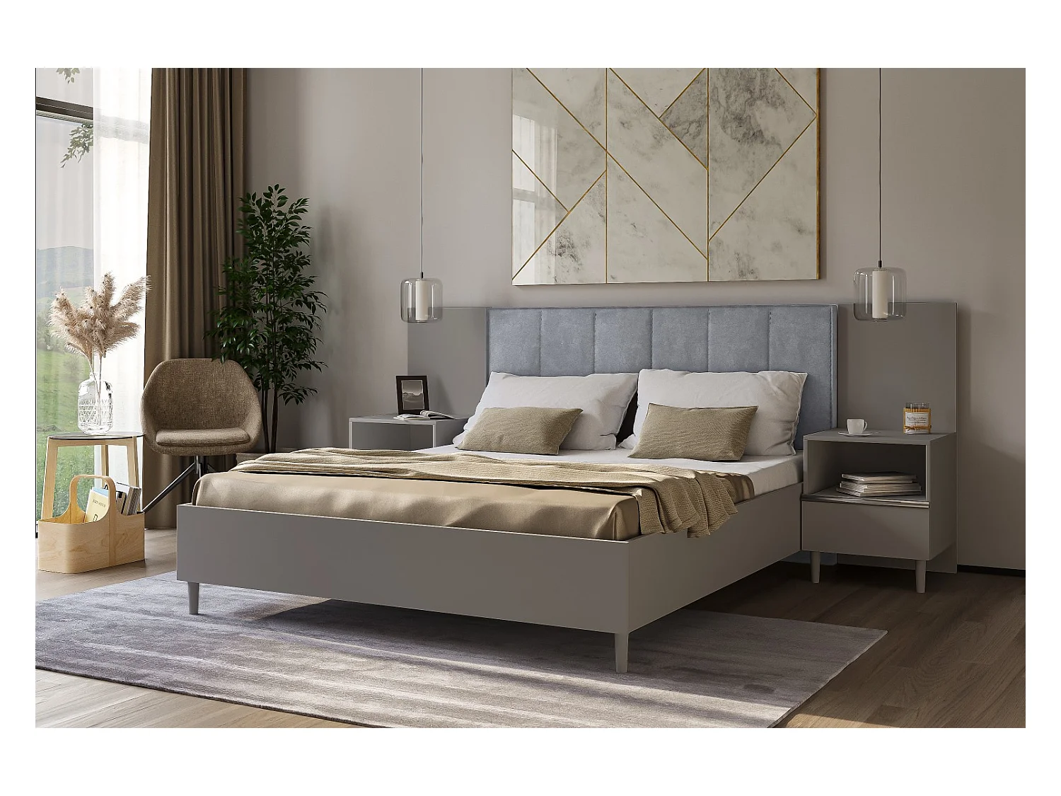 Doppelbett Luk II 160 x 200 cm ohne Matratze Bett mit Lattenrost Jugendbett Kopfteil mit Bettkasten ohne Nachttisch (grau, Jasmine 90 - grau)