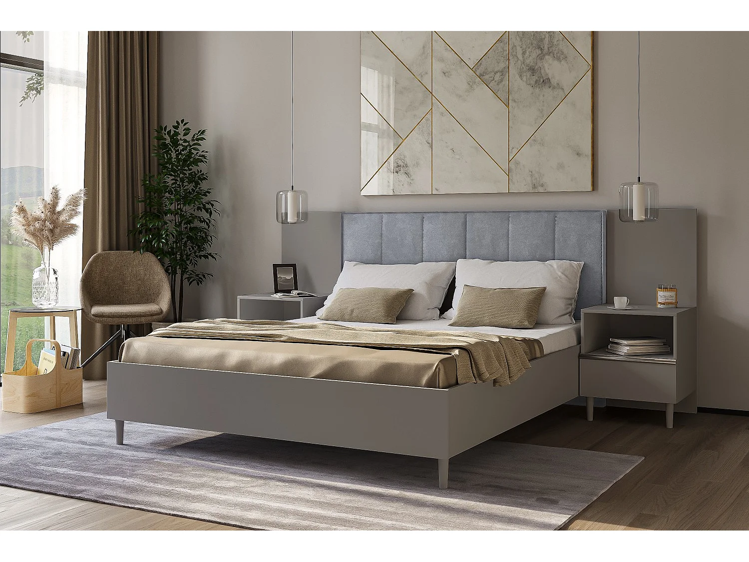 Doppelbett Luk II 160 x 200 cm ohne Matratze Bett mit Lattenrost Jugendbett Kopfteil mit Bettkasten ohne Nachttisch (grau, Jasmine 90 - grau)