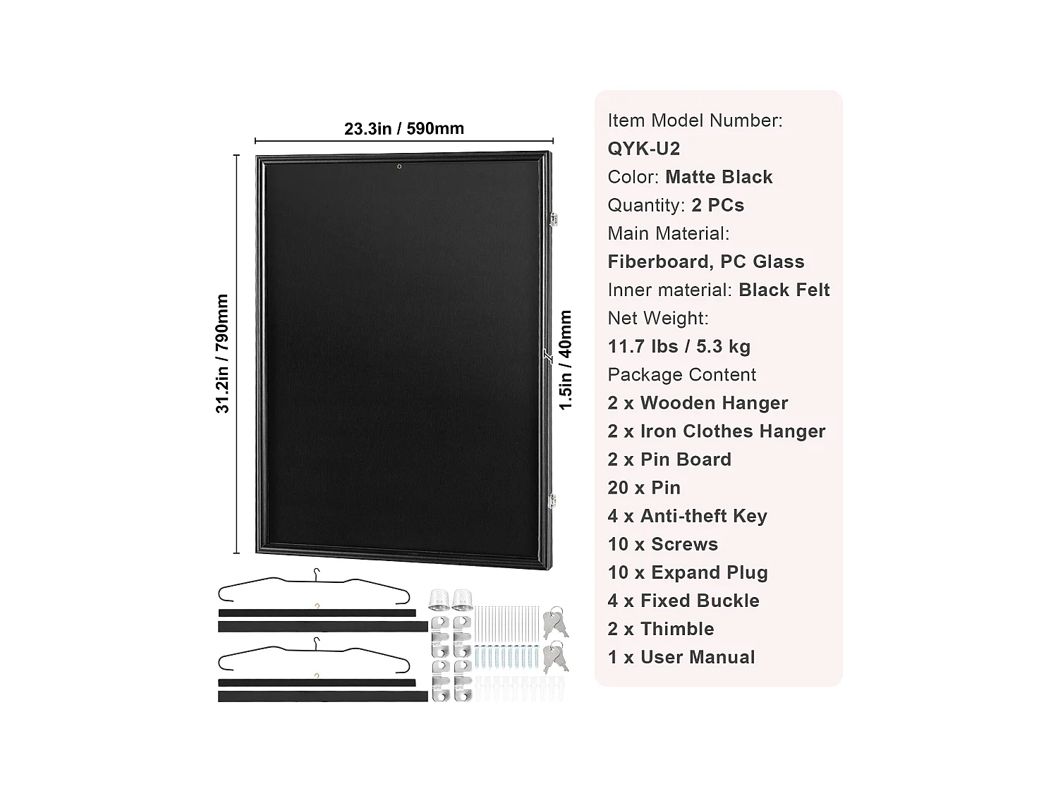 Display SucceBuy Vitrine voor T-Shirts 2 Stuks, Afmetingen 59 x 79 x 3.8cm, Schaduwdoos voor T-Shirts met Slot