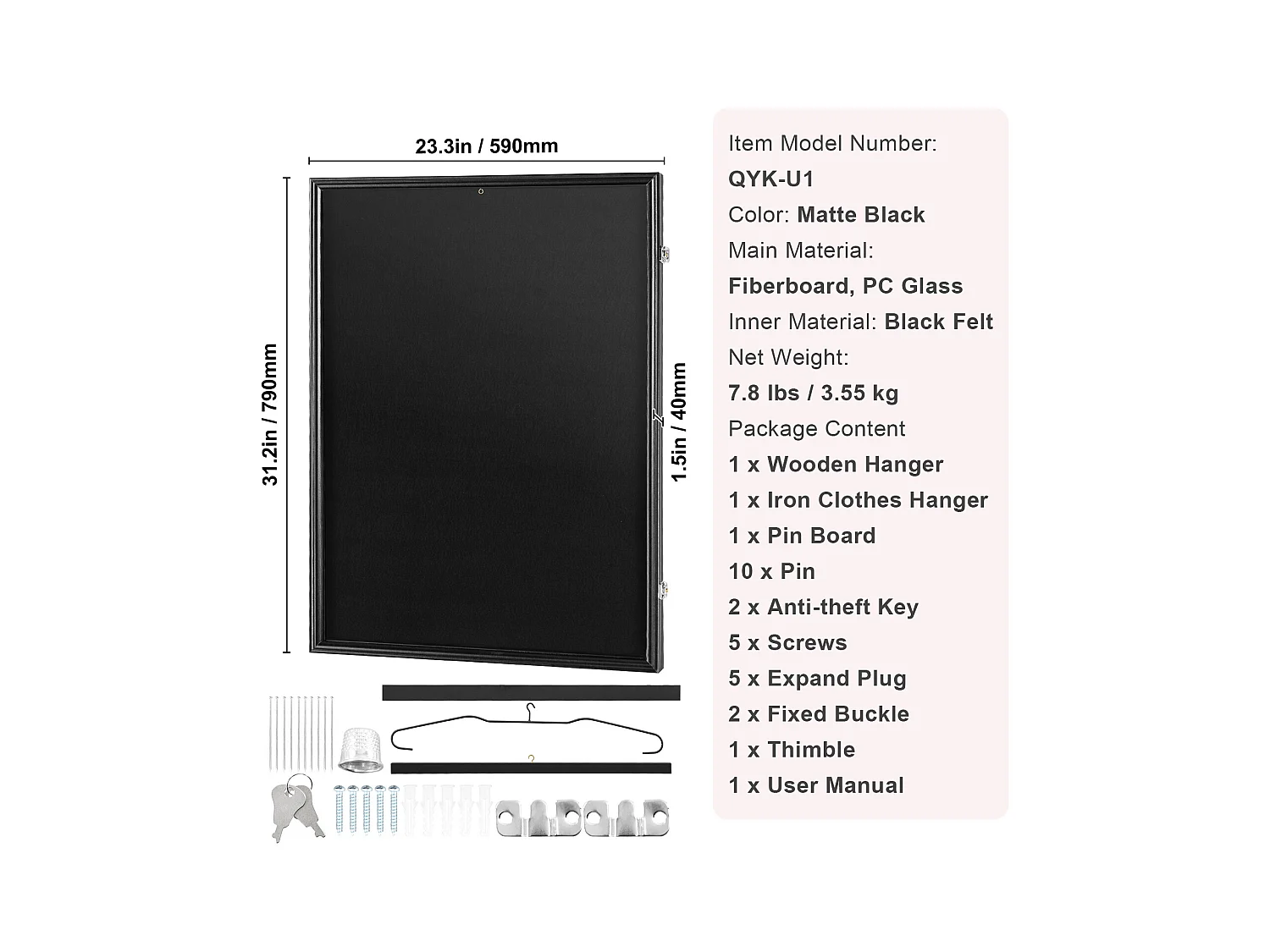 Display SucceBuy Vitrine voor T-Shirts Ingelijst, Afmetingen 61 x 81 x 3.8cm, Schaduwdoos voor T-Shirts met Slot