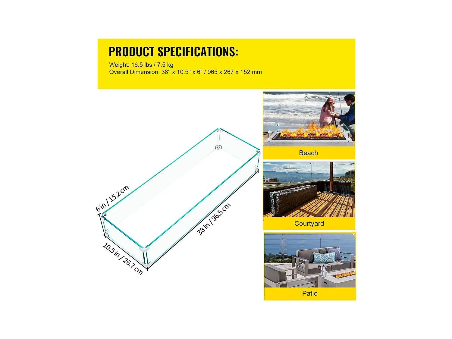 Paravento in Vetro Temperato per Caminetto SucceBuy, 965x267x152mm, Protezione dal Vento