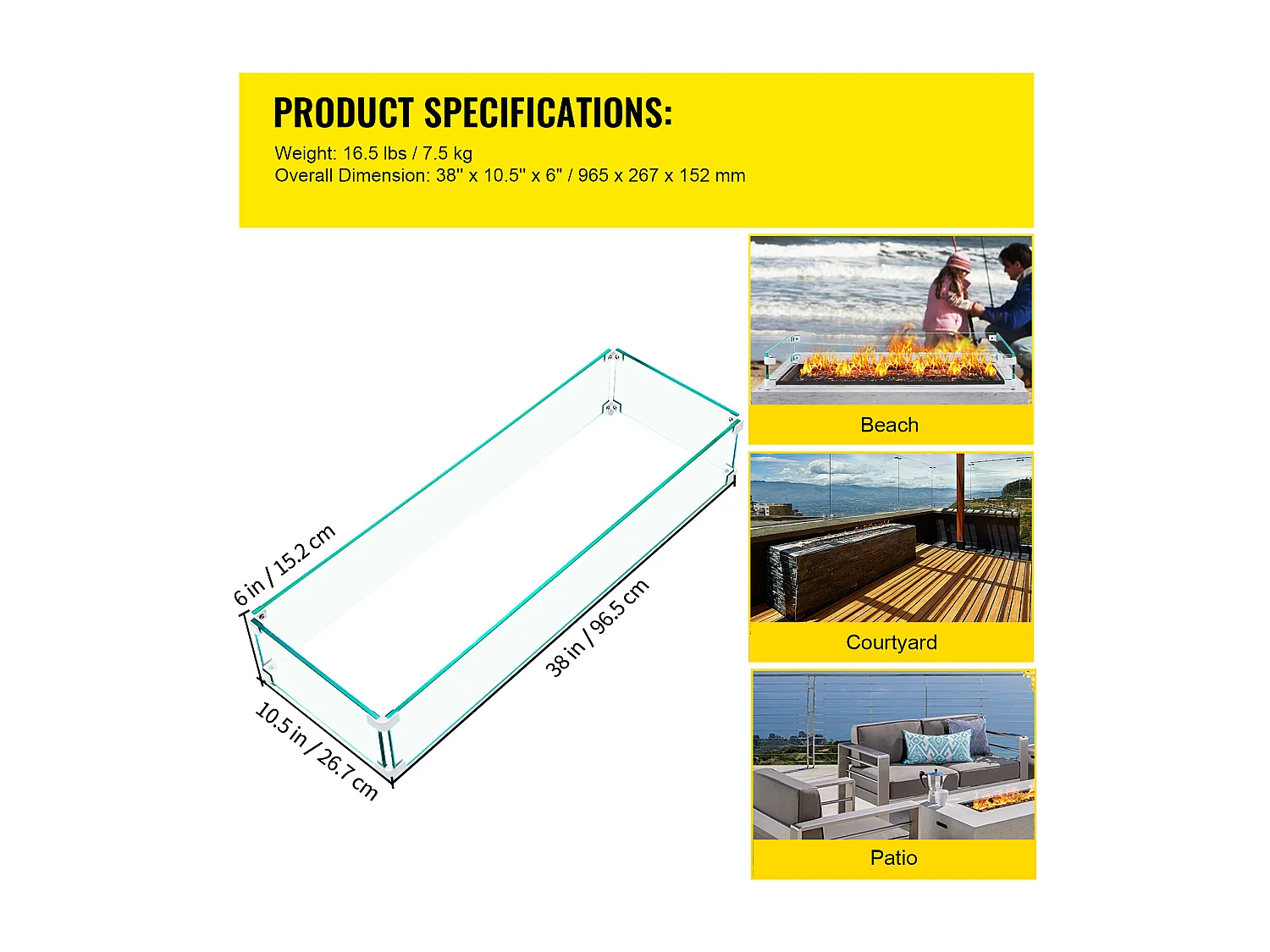 Pare-Vent en Verre Trempé pour Foyer SucceBuy, 965x267x152mm, PareVent de Protection contre le Vent