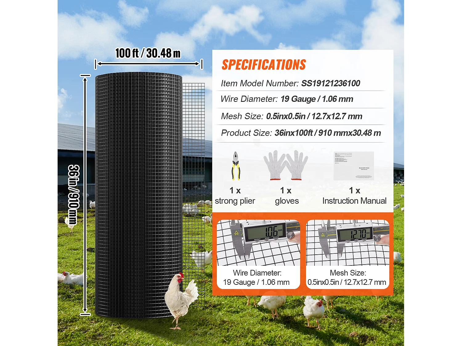 Verzinkte Maschendrahtrolle SucceBuy, 91,4 cm x 30,5 m, Maschendraht der Stärke 19 für Hühnerzäune