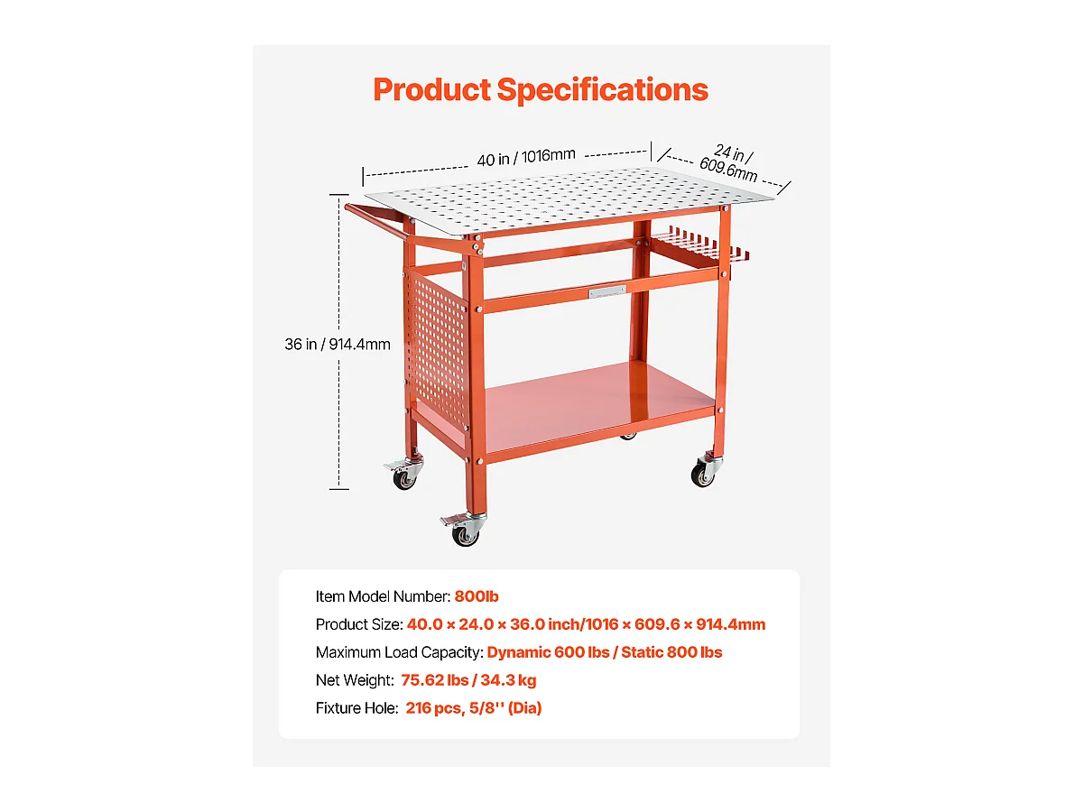 Table de Soudage, SucceBuy Table de Soudage 101.6 × 60.96 cm Capacité 363 kg avec Roulettes