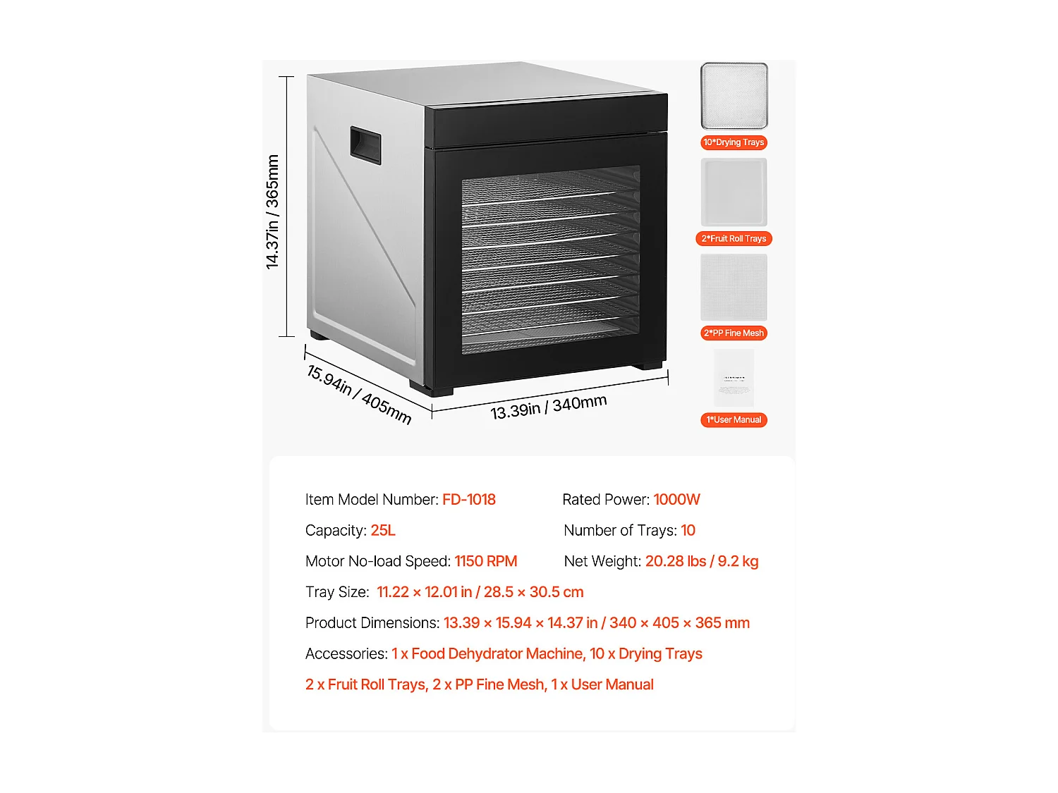 Déshydrateur Alimentaire SucceBuy, 10 Plateaux-Acier Inoxydable, 1000W, pour le Séchage Saccadé et de Fruit