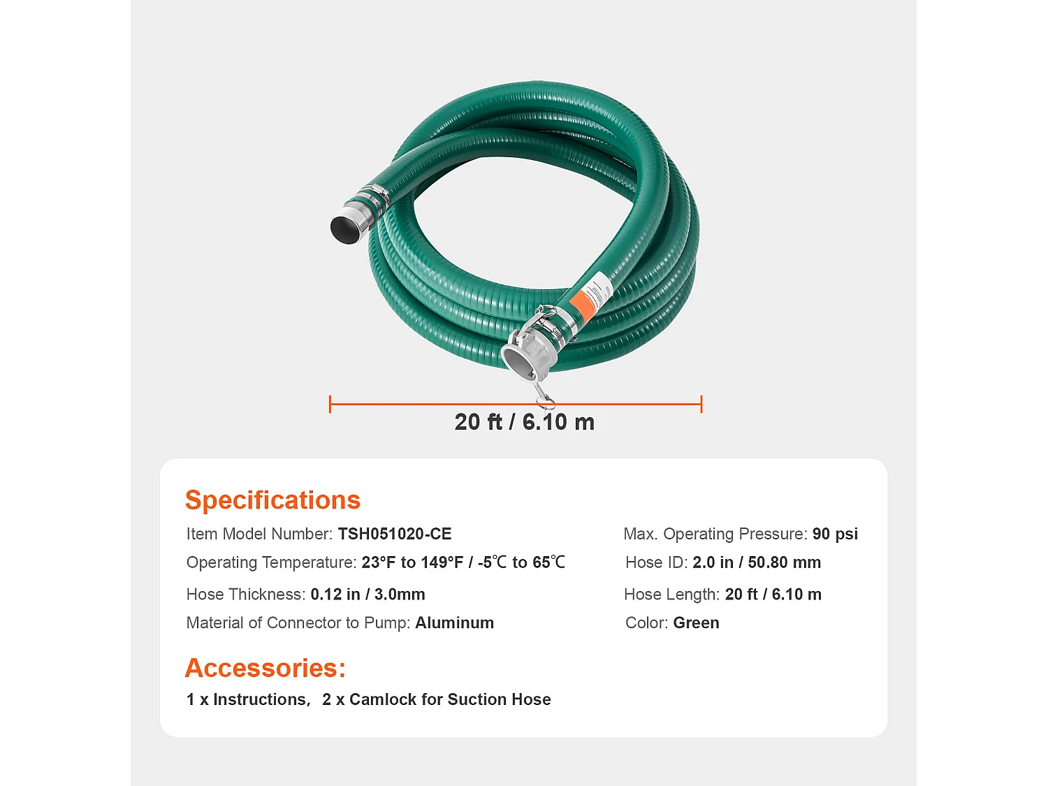 Manguera de Aspiración SucceBuy, 50,8 mm x 6,1 m, Kit de Calidad Verde, con Conectores