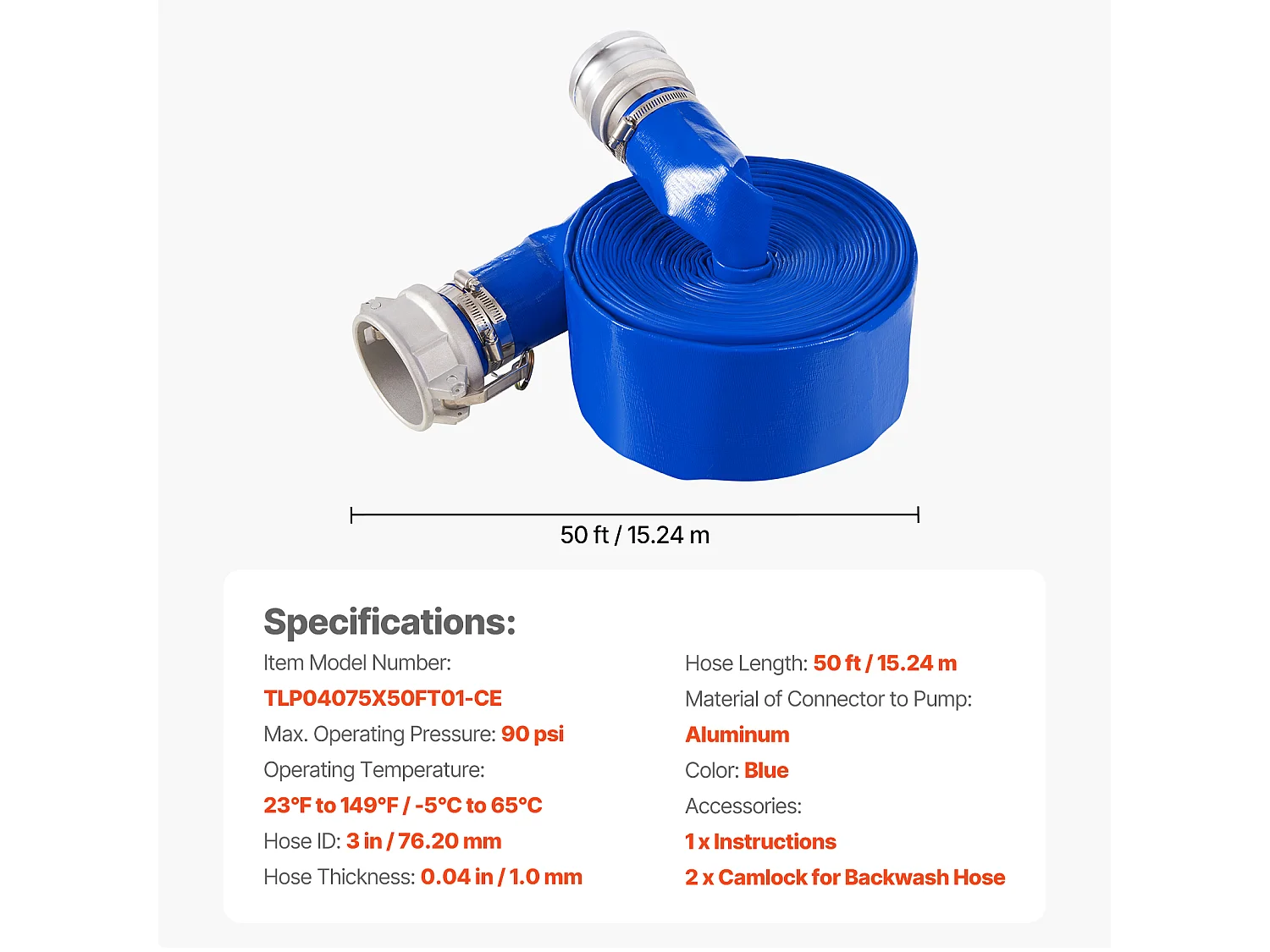Tuyau de Lavage à Contre-Courant SucceBuy, 76,2mmx15,24m, PVC Bleu, Raccordements Complets, Pour Usines, Piscines, Chantiers de construction