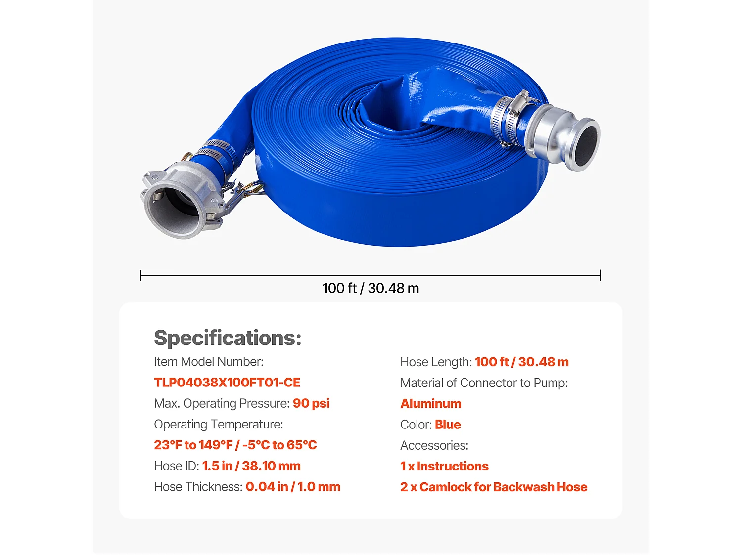 Tuyau de Lavage à Contre-Courant SucceBuy, 38,1mmx30,48m, PVC Bleu, Raccordements Complets, Pour Usines, Piscines, Chantiers de construction