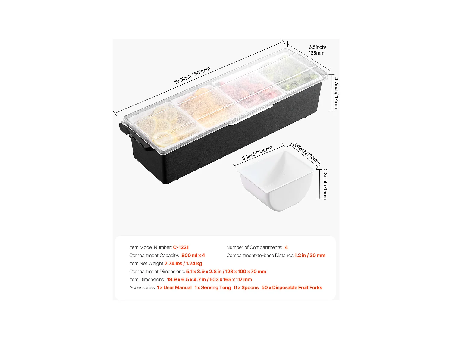 Distributeur d'Épices Réfrigéré SucceBuy, avec 4 Compartiments et Couvercle, 50,3x16,5x11,7 cm