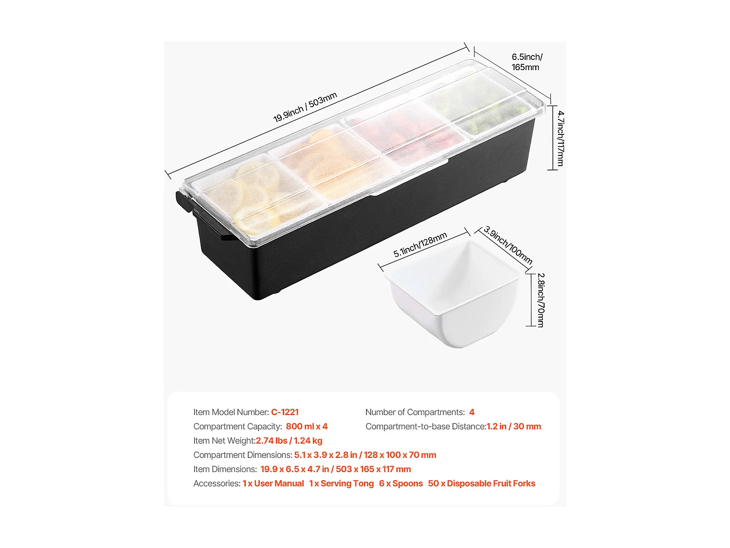 Distributeur d'Épices Réfrigéré SucceBuy, avec 4 Compartiments et Couvercle, 50,3x16,5x11,7 cm
