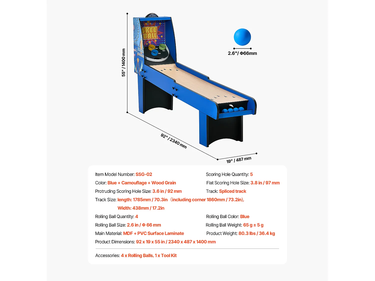 Table de Jeu d'Arcade SucceBuy, Roll & Score 2,4 m, Compteur Électronique, Salle de Jeux Familiale