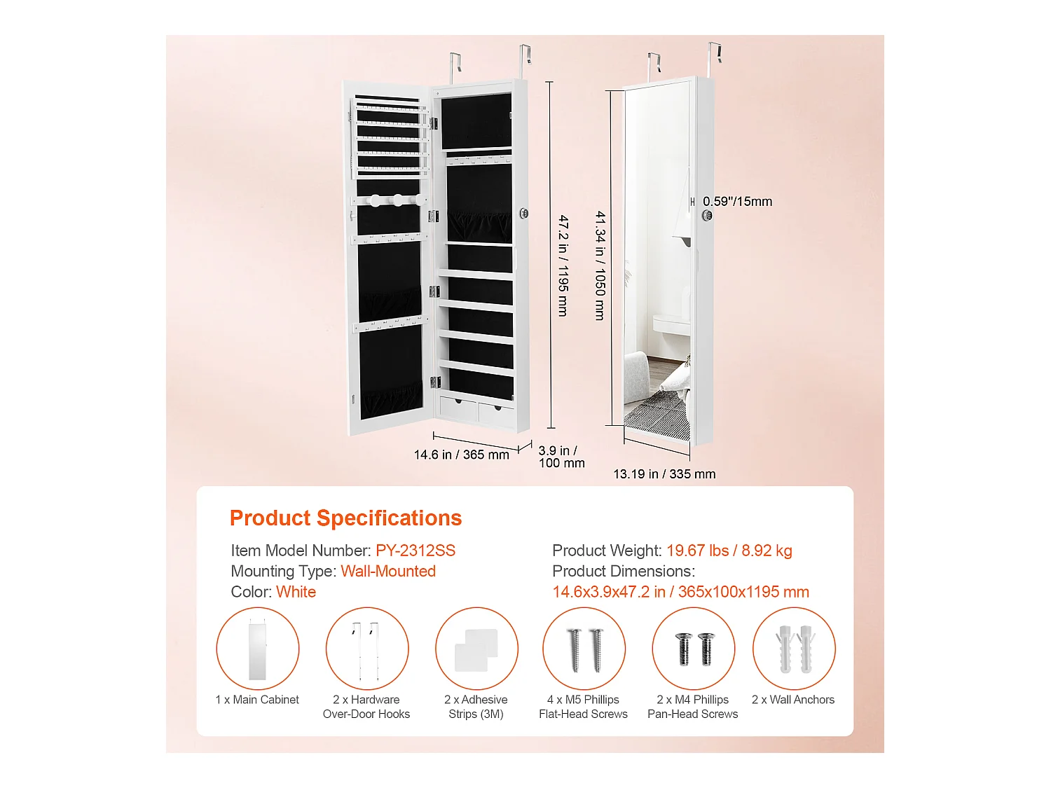 Armário de Bijuterias SucceBuy, com Espelho Travável, 119,5 cm, Montagem em Parede/Porta, Branco