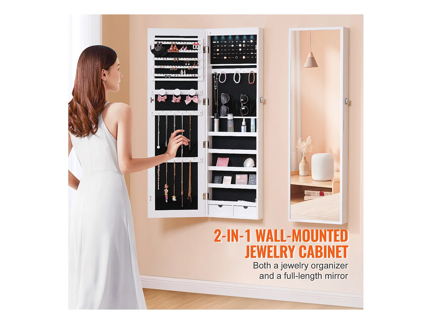 Armário de Bijuterias SucceBuy, com Espelho Travável, 119,5 cm, Montagem em Parede/Porta, Branco