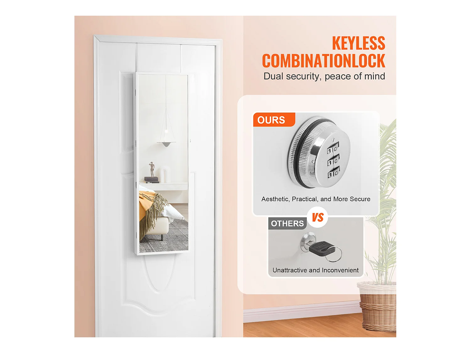 Armário de Bijuterias SucceBuy, com Espelho Travável, 119,5 cm, Montagem em Parede/Porta, Branco