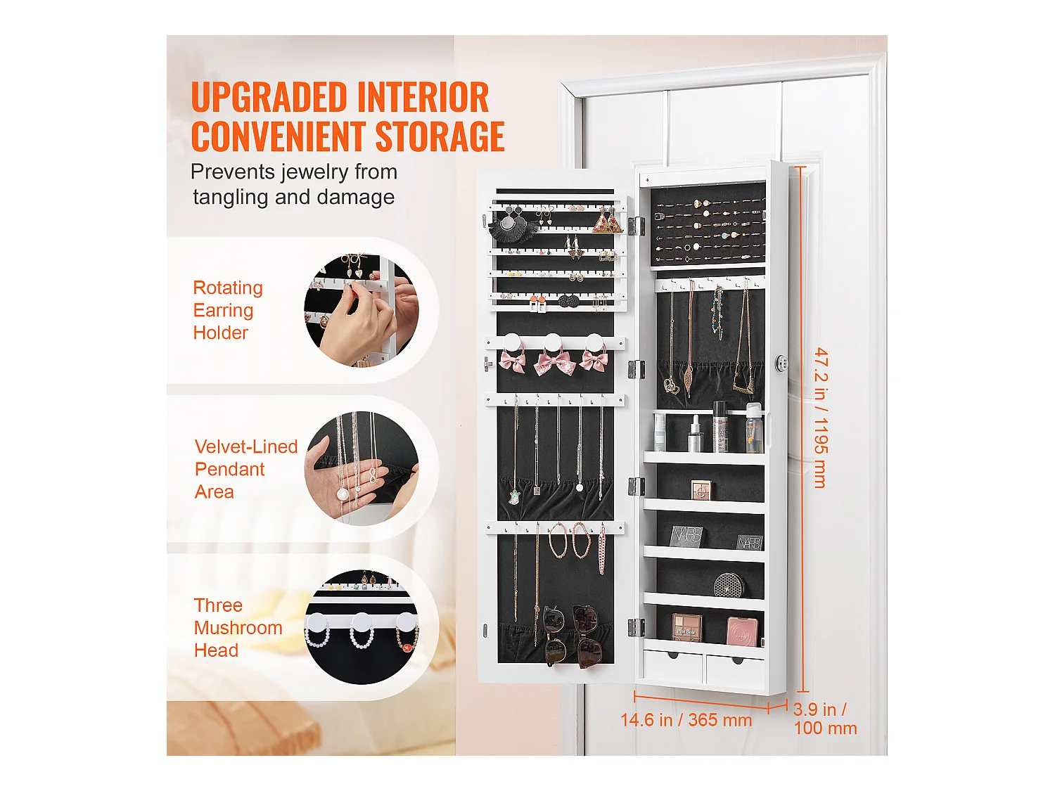 Armário de Bijuterias SucceBuy, com Espelho Travável, 119,5 cm, Montagem em Parede/Porta, Branco