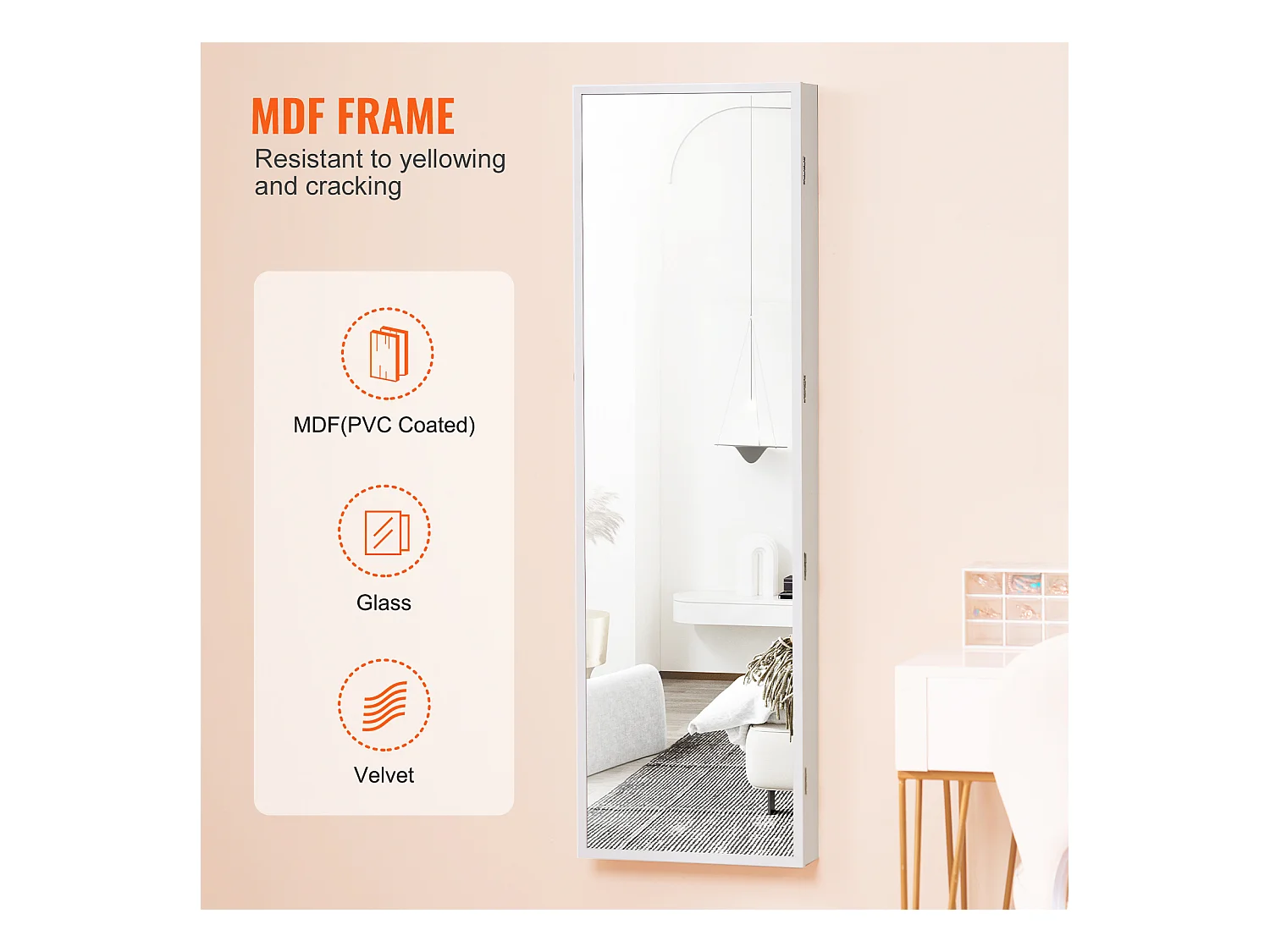 Armário de Bijuterias SucceBuy, com Espelho Travável, 119,5 cm, Montagem em Parede/Porta, Branco