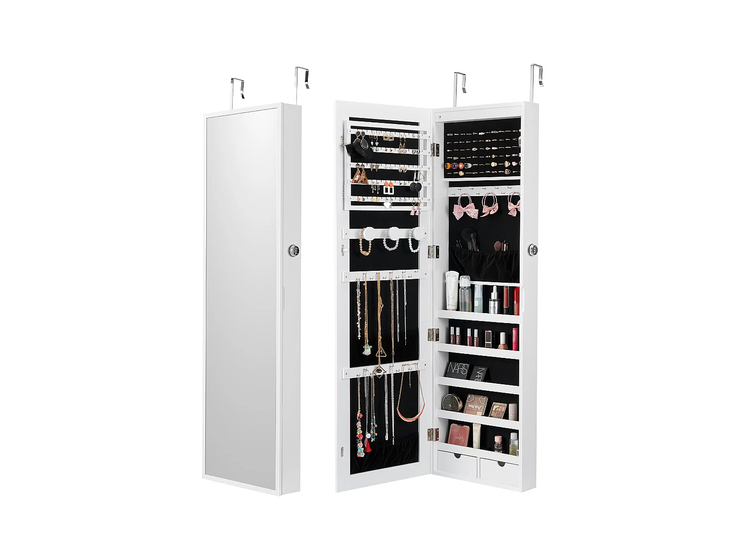 Armoire à Bijoux SucceBuy, avec Miroir Verrouillable, 119,5 cm, Montage Mural/sur Porte, Blanche